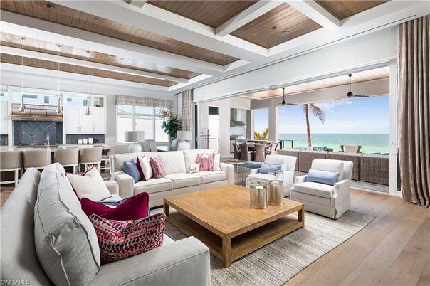 Dining room, Interior, Kitchen, Living room, Pendant Lights, Water, Wooden Beams, Wooden Ceilings, Wood Texture Flooring