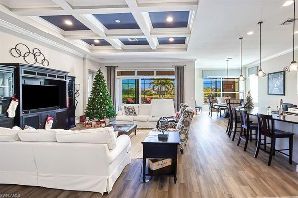 Dining room, Interior, Living room, Pendant Lights, Recessed Lighting, Wood Texture Flooring