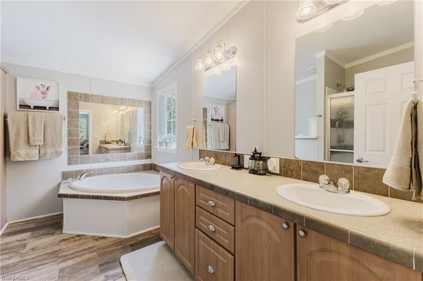 Bathroom, Dual Sink Vanities, Interior, Tile Countertops, Wood Texture Flooring