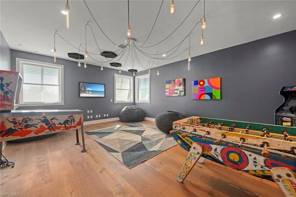 Game Room, Interior, Pendant Lights, Recessed Lighting, Wood Texture Flooring