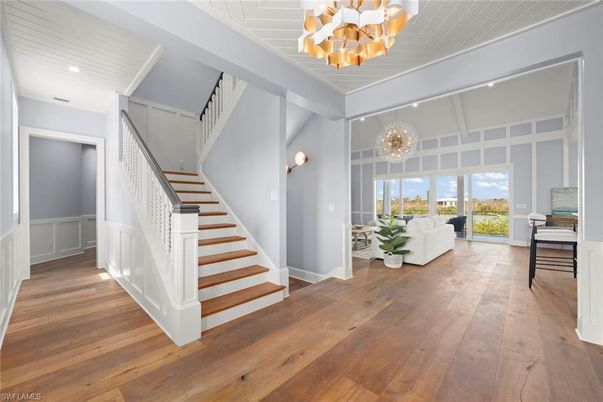 Chandelier, Interior, Living room, Recessed Lighting, Wood Texture Flooring