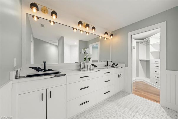 Bathroom, Dual Sink Vanities, Interior, Walk-in Closets, Wood Texture Flooring