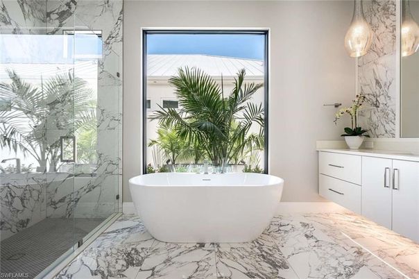 Bathroom, Free Standing Baths, Glass Shower, Interior, Marble, Marble Walls