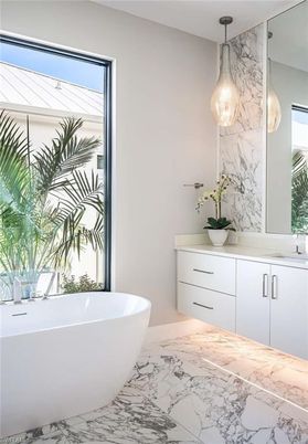 Bathroom, Free Standing Baths, Interior, Marble, Marble Walls, Pendant Lights