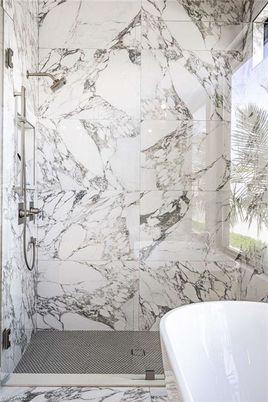 Bathroom, Free Standing Baths, Glass Shower, Interior, Marble, Marble Walls