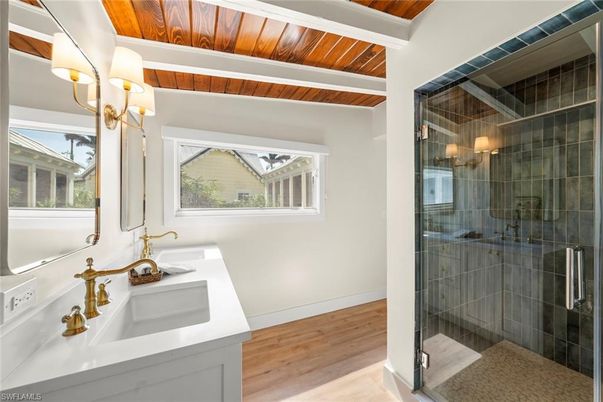 Bathroom, Glass Shower, Interior, Wooden Beams, Wooden Ceilings, Wood Texture Flooring