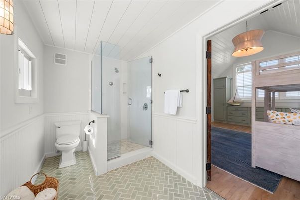 Bathroom, Glass Shower, Interior, Pendant Lights, Wood Texture Flooring