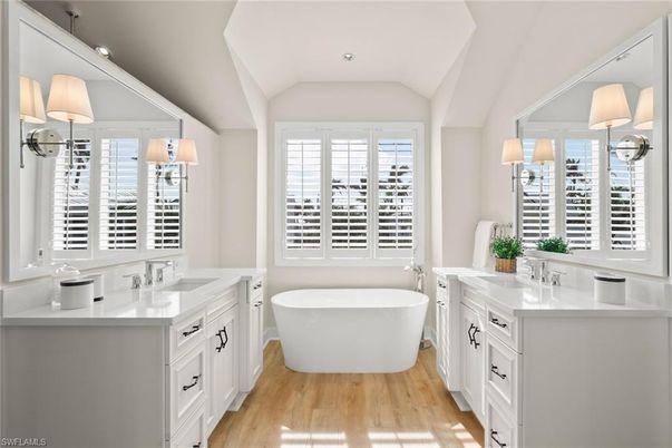 Bathroom, Dual Sink Vanities, Free Standing Baths, Interior, Recessed Lighting, Wood Texture Flooring