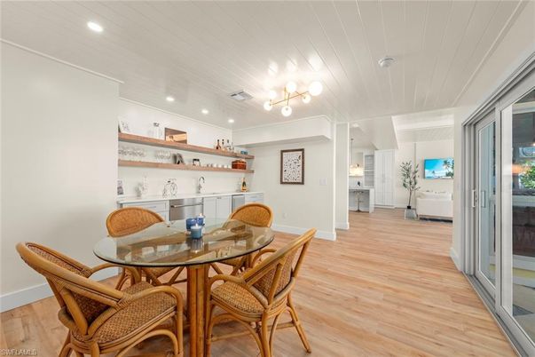 Dining room, Interior, Recessed Lighting, Wood Texture Flooring
