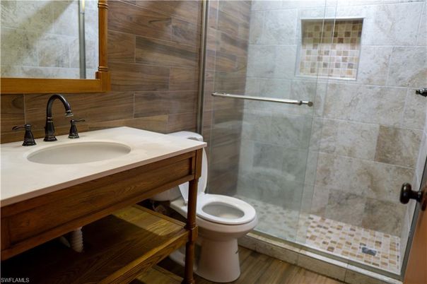 Bathroom, Glass Shower, Interior, Wood Texture Flooring