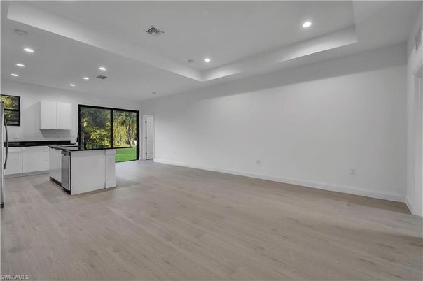 Empty room, Interior, Kitchen, Recessed Lighting, Wood Texture Flooring