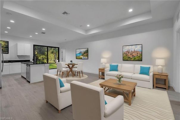 Dining room, Interior, Kitchen, Living room, Recessed Lighting, Wood Texture Flooring