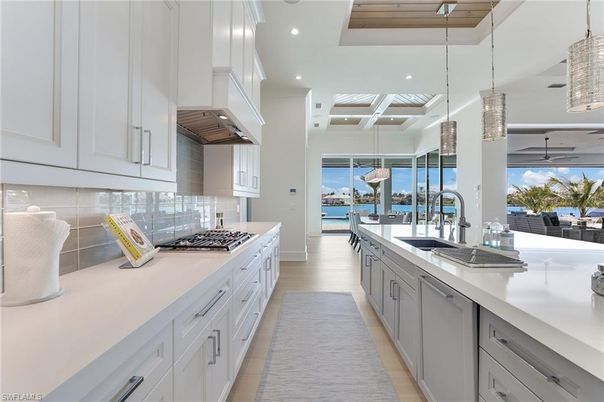 Interior, Kitchen, Pendant Lights, Recessed Lighting, Water, Wooden Ceilings, Wood Texture Flooring