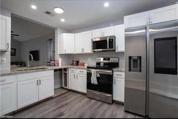 Interior, Kitchen, Recessed Lighting, Stainless Steel Appliances, Wood Texture Flooring