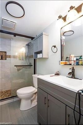 Bathroom, Glass Shower, Interior, Wood Texture Flooring