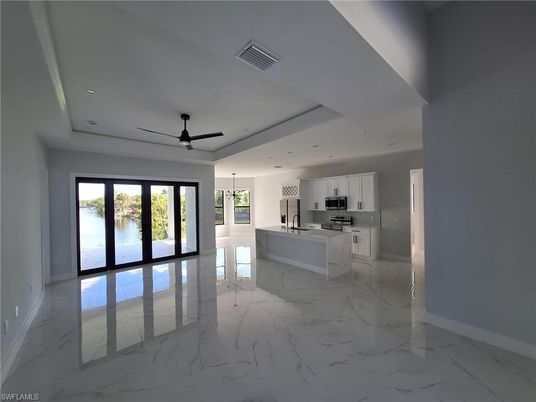 Interior, Kitchen, Marble, Pendant Lights, Recessed Lighting, Stainless Steel Appliances, Water