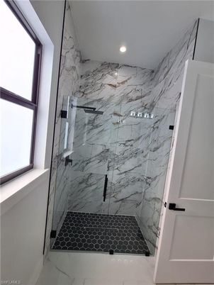 Bathroom, Glass Shower, Interior, Marble Walls, Recessed Lighting