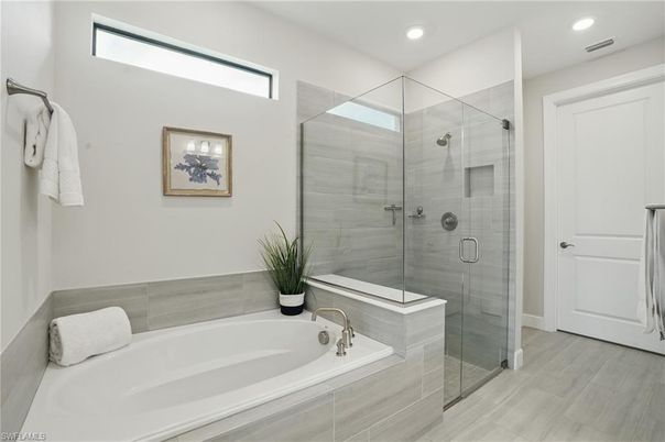 Bathroom, Glass Shower, Interior, Recessed Lighting, Wood Texture Flooring