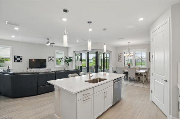 Dining room, Interior, Kitchen, Living room, Pendant Lights, Recessed Lighting, Wood Texture Flooring