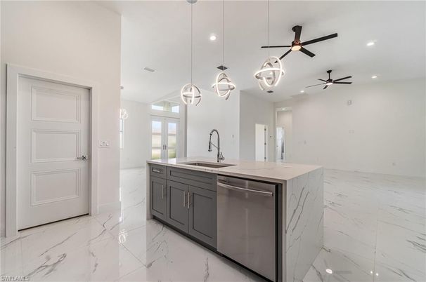 Interior, Kitchen, Marble, Pendant Lights, Recessed Lighting, Stainless Steel Appliances