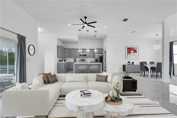 Dining room, Interior, Kitchen, Living room, Marble, Pendant Lights, Recessed Lighting, Stainless Steel Appliances