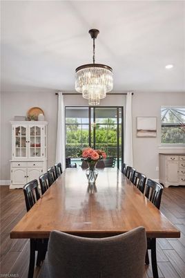 Chandelier, Dining room, Interior, Recessed Lighting, Wood Texture Flooring