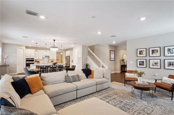 Dining room, Interior, Kitchen, Living room, Pendant Lights, Recessed Lighting, Stainless Steel Appliances, Wood Texture Flooring
