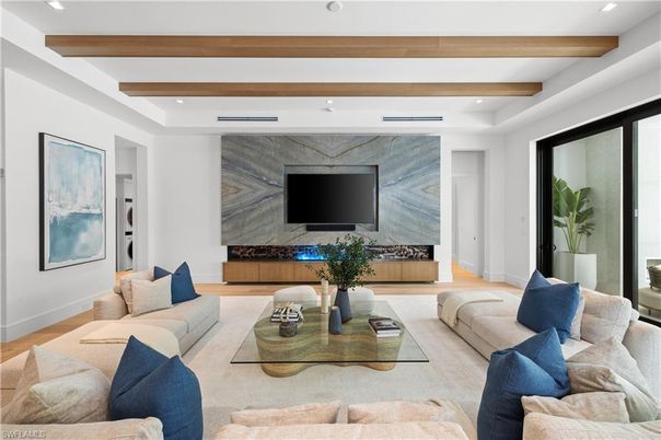Interior, Living room, Marble Walls, Recessed Lighting, Wooden Beams, Wood Texture Flooring