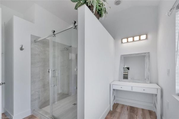Bathroom, Glass Shower, Interior, Wood Texture Flooring