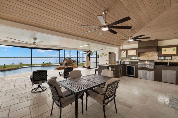 Dining room, Interior, Stone Walls, Water, Wooden Ceilings