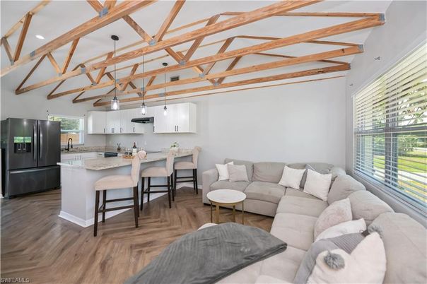 Dining room, Interior, Kitchen, Living room, Pendant Lights, Recessed Lighting, Wooden Beams, Wood Texture Flooring
