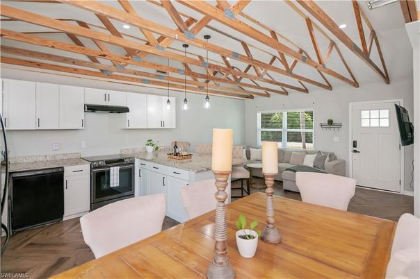 Interior, Kitchen, Living room, Pendant Lights, Recessed Lighting, Wooden Beams, Wood Texture Flooring