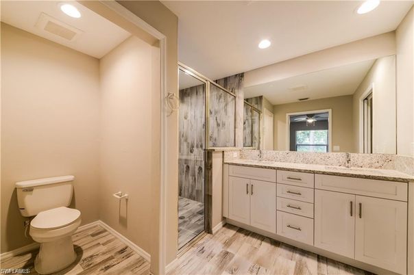 Bathroom, Glass Shower, Interior, Recessed Lighting, Wood Texture Flooring