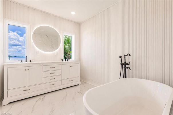 Bathroom, Dual Sink Vanities, Free Standing Baths, Interior, Marble, Recessed Lighting, Water
