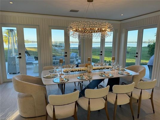 Dining room, Interior, Pendant Lights, Recessed Lighting, Water, Wood Texture Flooring