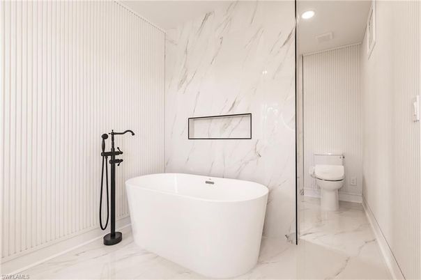 Bathroom, Free Standing Baths, Interior, Marble, Marble Walls, Recessed Lighting