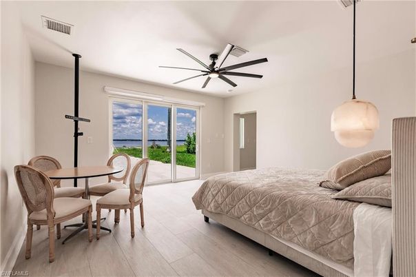 Bedroom, Dining room, Interior, Pendant Lights, Water, Wood Texture Flooring