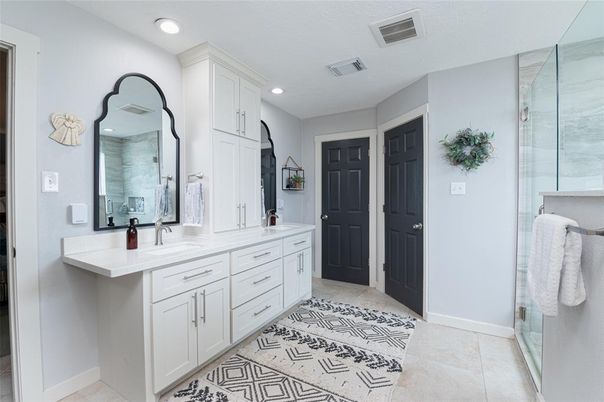 Bathroom, Dual Sink Vanities, Glass Shower, Interior, Recessed Lighting