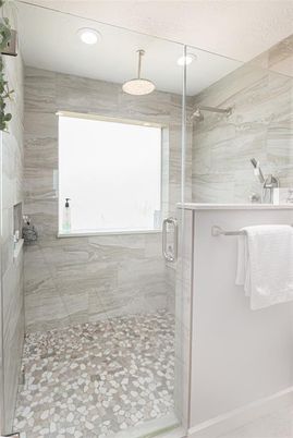 Bathroom, Glass Shower, Interior, Marble Walls, Recessed Lighting