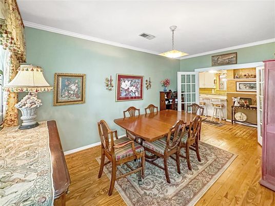 Dining room, Interior, Pendant Lights, Wood Texture Flooring
