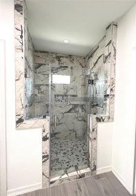 Bathroom, Glass Shower, Interior, Marble Walls, Recessed Lighting, Wood Texture Flooring