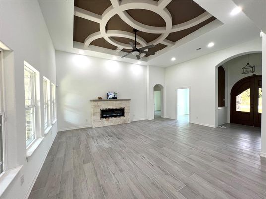 Empty room, Fireplace, Interior, Recessed Lighting, Wood Texture Flooring