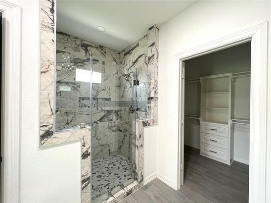 Bathroom, Glass Shower, Interior, Marble Walls, Wood Texture Flooring