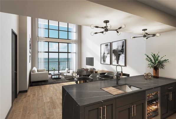 Dining room, Interior, Living room, Pendant Lights, Water, Wood Texture Flooring