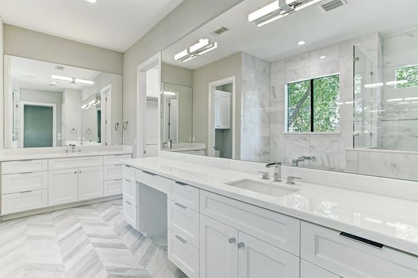 Bathroom, Dual Sink Vanities, Glass Shower, Interior, Marble, Marble Walls, Recessed Lighting