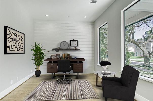 Home Office, Interior, Recessed Lighting, Wood Texture Flooring