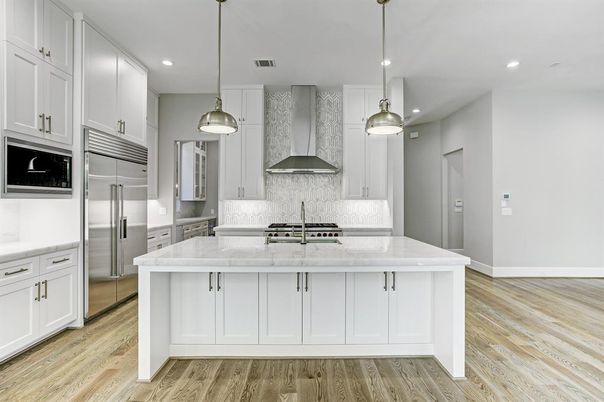Interior, Kitchen, Pendant Lights, Recessed Lighting, Stainless Steel Appliances, Wood Texture Flooring