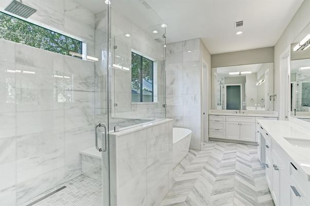 Bathroom, Dual Sink Vanities, Free Standing Baths, Glass Shower, Interior, Marble, Marble Walls, Recessed Lighting