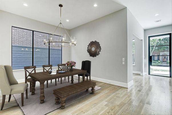 Chandelier, Dining room, Interior, Pendant Lights, Recessed Lighting, Wood Texture Flooring