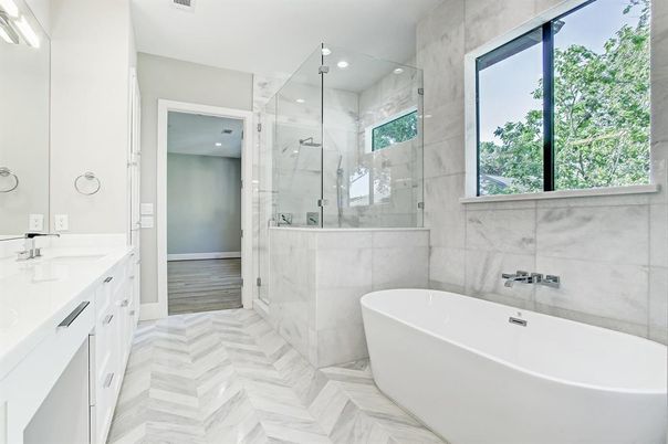 Bathroom, Dual Sink Vanities, Free Standing Baths, Glass Shower, Interior, Marble, Marble Walls, Recessed Lighting